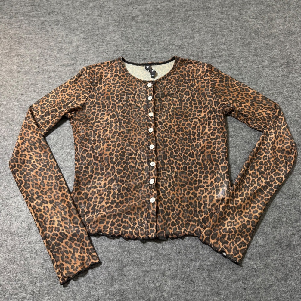 Motel Rocks Leopard Print Mesh Cardigan Brown Sheer Button Down Lettuce Hem S